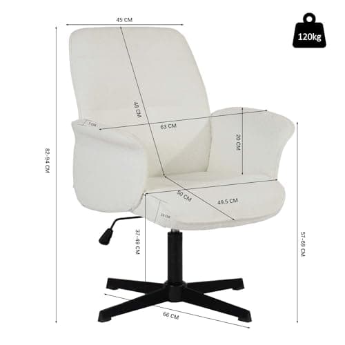 MEUBLE COSY Chaise de Bureau Fauteuil Coiffeuse Chambre Ergonomique Siège Pivotant Hauteur Réglable avec Accoudoir en Bouclette sans roulettes Capacité 120 kg Blanc, 66x63x82-94cm