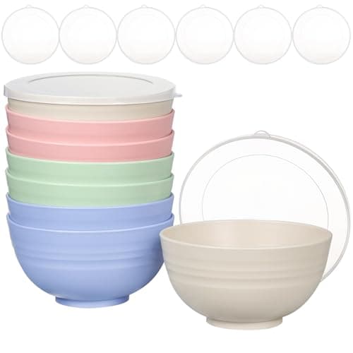 Greentainer Lot de 8 grands bols à céréales incassables avec couvercles – Lot de 8 bols en plastique légers de 700 ml – Passe au lave-vaisselle et au micro-ondes – Pour céréales, salade, soupe,