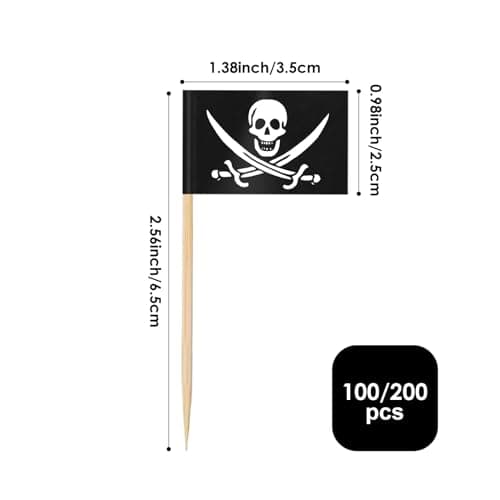 AhfuLife 100Pcs Drapeau Cure-dent Pirate, Mini Drapeau Cocktail de Pirate, Cure Dents Pirate pour Anniversaire Thème Pirate, Decor Cupcake Topper, Étiquettes de Apéritifs Dîner de Halloween