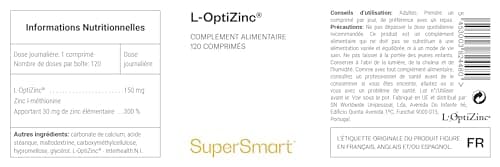 L-OptiZinc - Forme de Zinc la mieux Absorbée et plus Puissante - Contribue à Maintenir la Santé des Os et de la Peau - Apportant 30 mg de Zinc Élémentaire - Antioxydant - Vegan - Supersmart