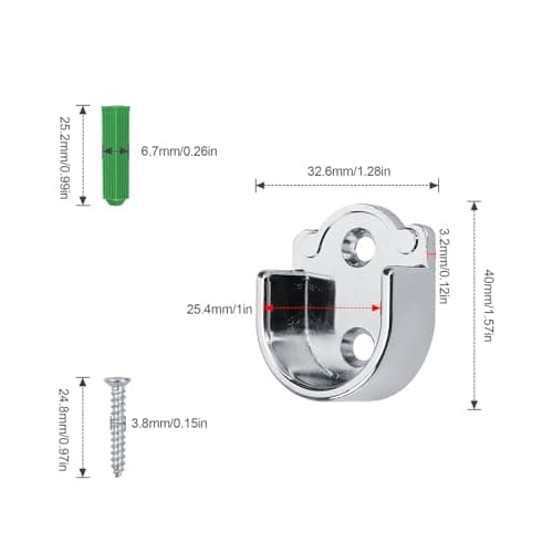 KLEHOPE Support Tringle 25mm, 6 Pièces Fixation pour Penderie en Forme de U, Alliage de Zinc Tube de Penderie Ronde, pour Salle de Bain Armoire Chambre à Coucher Cuisine