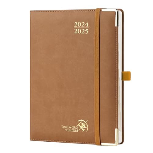 POPRUN Agenda 2025 Semainier 22 x 16,5 cm De Août 2024 à Déc 2025, Premium Planner Scolaire 17 Mois, Couvercle en cuir de coton PU, Onglets Mensuels, Papier Certifié FSC® 100 g/m2 - Marron