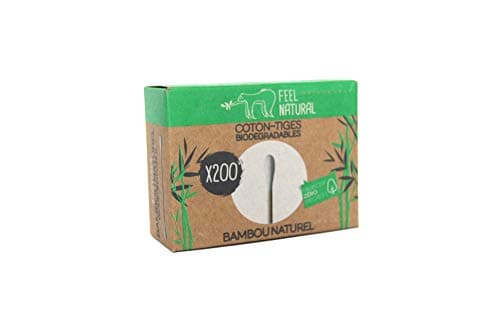 Coton Tige Bambou - Boîte 200 Cotons tiges blanc Bambou Feel Natural - Hygiene Oreille, Demaquillage - Avec une Ouverture Facile - Alternative Biodégradable au Coton Tige en Plastique