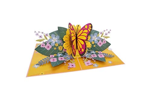 MOKIO® Carte Fleur Pop-Up – Papillon avec fleurs – Carte cadeau 3D pour un anniversaire, retraite ou comme bon, Carte de vœux fleurs avec enveloppe
