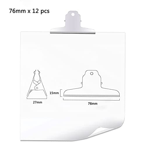 GUOKOFF 76mm Pince Bulldog, 12 Pièces Bulldog Clips Métal, Argent Bulldog Binder Clips, Pinces à Charnière en Métal, Pinces Papier pour Photo, Bureau, l'école