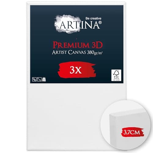 Artina Lot de 3 Premium 3D Canvas Toile Peinture 20x30 cm – FSC® Châssis Bois pour Toiles 100% Coton 380 g/m2 Sans Acide – Toile a Peindre Blanche Tableau Peinture Stable Apprêté 3 Fois Cadre Toile