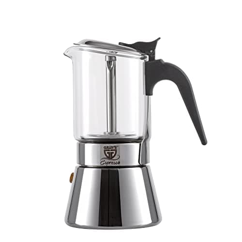 GRÄWE Cafetière à expresso en acier inoxydable avec verseuse en verre, compatible induction et tous types de feux, passe au lave-vaisselle, 4 tasses, 160 ml