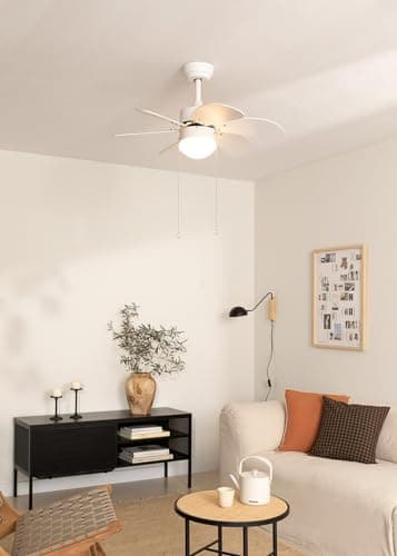 CREATE / WINDEASY/Ventilateur de plafond avec lumière, blanc lames bois naturel / 53W, silencieux, Ø86, 3 vitesses, lames réversibles, minuterie, été-hiver, double hauteur, moteur AC