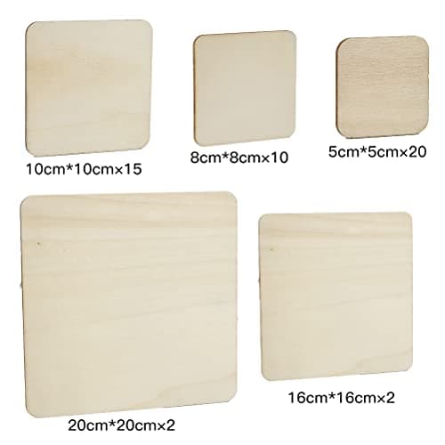 Lot de 49 carrés en bois non traité, 5 tailles de plaques de bois naturel vierges, pour bricolage, loisirs créatifs, pyrographie, art sculpté, dessous de verre, peinture, décoration