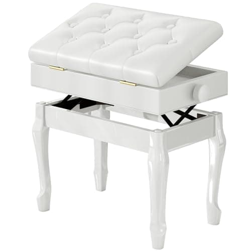 Jargrovs Banc de Piano,Banc Piano en Cuir PU épais à 10 Boutons, Tabouret Piano réglable en Hauteur à Pieds courbés en Bois Massif,Banquette Piano avec Compartiment de Rangement,Tabouret Piano Blanc