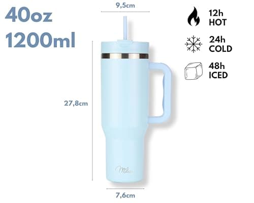 Milu Gobelet thermique 1200ml avec paille & anse, 24h glacé / 12h chaud Tumbler 40oz en acier inoxydable avec poignée, isolant bouteille to go (Morning Blue, 1200ml)