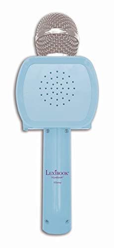 Lexibook- Microphone Bluetooth La Reine des Neiges 2 Elsa Anna Olaf avec Fonction Changement de Voix, Porte-téléphone Inclus, Enceinte intégrée, Bleu, MIC240FZ