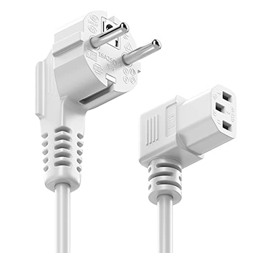 deleyCON 5m Câble d'alimentation Contact de Protection Fiche Type F (CEE 7/4) 90° Coudée au Connecteur d'alimentation C13 Femelle 90° Coudée à Droite pour PC Moniteur Ordinateur Beamer - Blanc