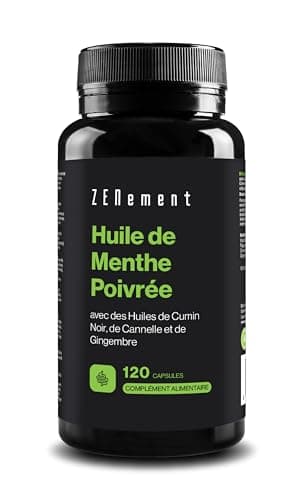 Huile Essentielle de Menthe Poivrée avec Huile de Cumin Noir, Cannelle et Gingembre - 120 Capsules, Formule Synergique avec 500mg, Santé Digestive, 40% Menthol, 20% Menthone, 100% Naturelle -Zenement