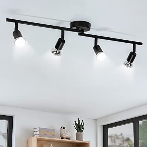 wowatt Plafonnier LED 4 Plafonnier cuisine Incl. 4x 5W Spots GU10 420lm Pivotant Salon Entrée Chambre Blanc froid Plafonnier spot 6000K Noir Moderne Inoxydable