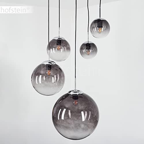 Suspension Degevos, plafonnier à 5 flammes en métal/verre chromé/fumé, suspension moderne avec boules en verre véritable, hauteur max. 120 cm, E27, sans ampoules