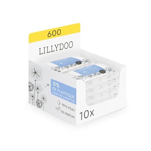 Lingettes LILLYDOO pour bébé faites à 99% d'eau, Lot de 10 x 60 (600 lingettes), lingettes 100% sans plastique, sans parfum et douces comme du coton et de l'eau