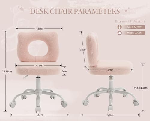 Wahson Chaise de Bureau pour Enfant Chaise Enfant Chambre à roulettes Chaise de Bureau Enfant Réglable en Hauteur, Fauteuil Bureau Enfant pour Chambre, Fausse Fourrure, Rose Clair