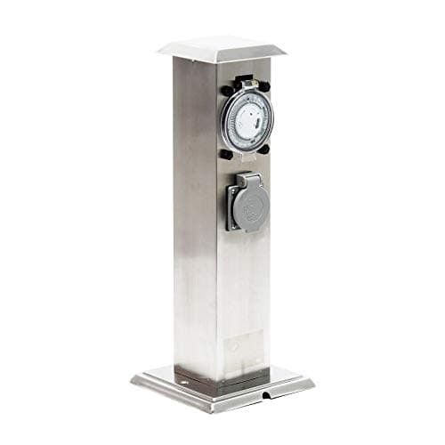 Wiltec Multiprise de jardin double – 2 prises – 155 x 155 x 405 mm – Design colonne d’énergie – en Acier affiné inox – avec Minuterie mécanique – Utilisation extérieure IP44 Outdoor