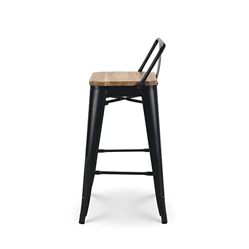 Kosmi - Lot de 4 tabourets de Bar en métal Noir Mat Style Industriel avec Dossier et Assise en Bois Clair - Hauteur 66cm