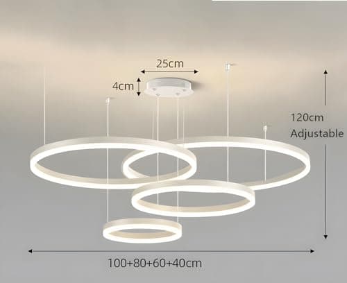 YYUTLUO Lustre LED Moderne DIY Cercle | 4 Blanc Anneaux :40+60+80+100cm=120W | Éclairage Suspendu LED Métal+Acrylique Télécommande Intensité Variable 2,4G Lampe Suspendue Plafond Ronde Salon