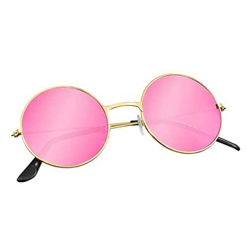 Balinco Ensemble 3 pièces hippie avec bandeau à fleurs | lunettes de soleil rondes en nickel avec verres roses | boucles d'oreilles arc-en-ciel peace