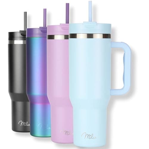 Milu Gobelet thermique 1200ml avec paille & anse, 24h glacé / 12h chaud Tumbler 40oz en acier inoxydable avec poignée, isolant bouteille to go (Morning Blue, 1200ml)