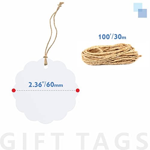 200 étiquettes-cadeaux Kraft Blanc festonnée avec 30 mètres de ficelle de jute naturelle pour l’emballage d’artisanat (6 cm de diamètre)