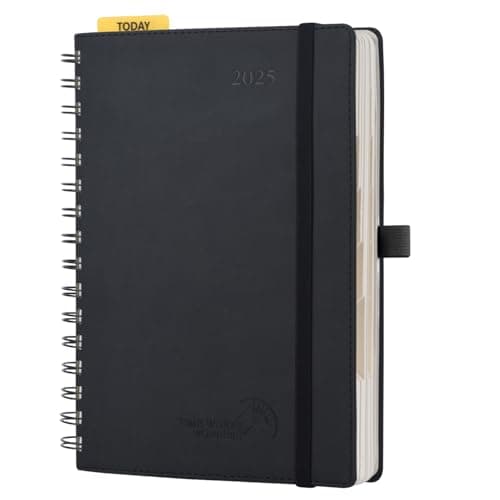 POPRUN Agenda 2025 Journalier 21,5 x 14,5 cm - Couverture Souple en PU Cuir Spirale, 1 Page par Jour A5 Agenda, D'Jan 2025 à Déc 2025, Avec règle signet, Papier 80 g/m2, Noir-BK