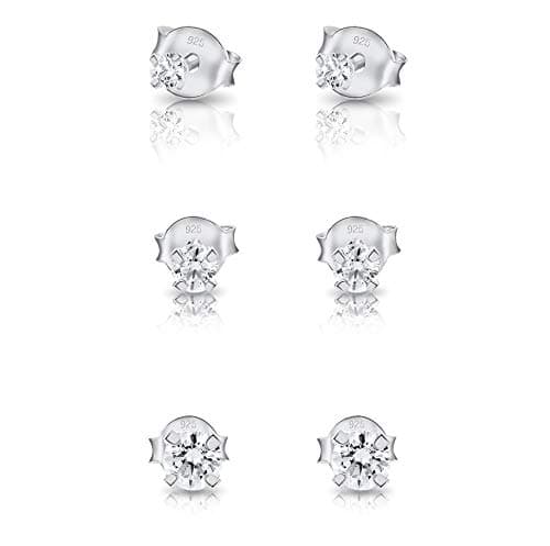 DTPsilver® 3 PAIRES lot boucles d'oreilles femme argent 925 - MINI et Petits Clous Puces d'oreilles en Argent Fin 925 et Oxyde de Zirconium Ronds - Diamètre: 2, 3, 4 mm - Blanc/Clair CZ
