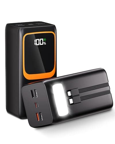 Power Bank de 50000 mAh avec câble intégré : Batterie Externe de Charge Rapide de 22,5 W avec Grande capacité, Chargeur Portable avec Lampe de Poche LED et 7 Sorties et 3 entrées-Noir with