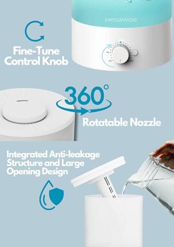 Humidificateur à Brouillard Froid MEGAWISE Pour Bébé, Chambre à Coucher, Crèche, Maison et Bureau | Vaporisateur Ultra - Silencieux à Ultrasons, Remplissage Supérieur Grand Format 3,5L
