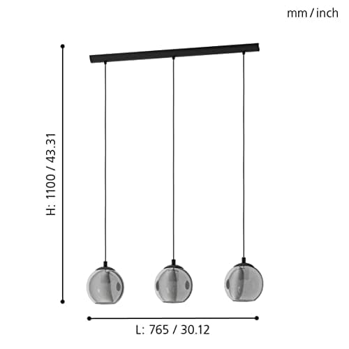 Eglo Suspension luminaire Ariscani, lampe de plafond suspendue à 3 flammes, lustre salon ou salle à manger en métal Noir et verre fumé Noir transparent, douille E27, 76,5 cm
