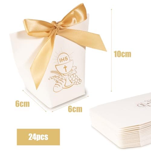 24Pcs Boîte Dragée Sachet Bonbon Ballotin Cadeau Blanc pour Fête Baptême Communion Confirmation Mariage avec Ruban (Graal)