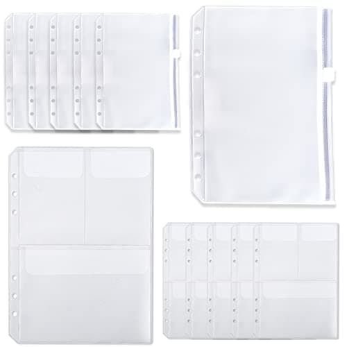 Lot de 12 pochettes de format A5, pochette à fermeture éclair, dossiers transparents à 6 trous, poche avec couvercle, deux types, sacs étanches en PVC avec fermeture éclair pour la maison