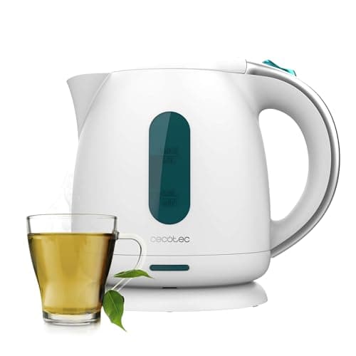 Cecotec Bouilloire électrique Thermosense 140 White. Bouilloire 1 L sans BPA, 2200 W, filtre anti-calcaire, base rotative 360o, sans fil et arrêt automatique pour un usage pratique et sûr.