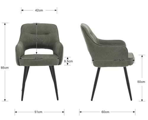 Wahson Chaise de Salle à Manger Classique Lot de 2 Chaise Salle a Manger avec Accoudoirs Chaise de Cuisine Moderne Pied Métal, Fauteuil Salle à Manger pour Restaurant, Vert
