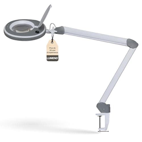 Lumeno 8213GR LED Lampe loupe pour poste de travail, lampe cosmétique, intensité lumineuse réglable, lentille en verre transparent de 127 mm, aide à la lecture/loupe, 3 dioptries