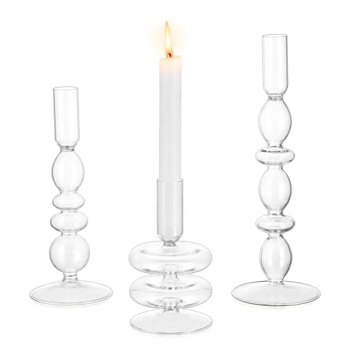 Glasseam Bougeoirs en Verre, Set De 3 Bougeoirs Transparents, Bougeoirs Chic, Bougeoir DéCoratif pour Centre De Table, Bougeoir De NoëL pour Table à Manger Home Decor