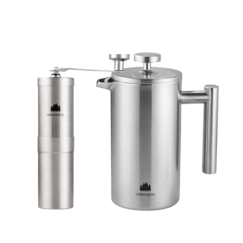 Groenenberg Cafetiere a piston (600ml) + Moulin à café manuel | Set de remise café avec French Press & Coffee grinder en acier (inox)