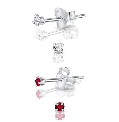 DTPsilver - 2 PAIRES de * MINI * Boucles d'oreilles/Clous en Argent Fin 925 et Cristaux de Swarovski® Elements Ronds - Diamètre: 2 mm - Couleur: Cristal Clair + Rubis