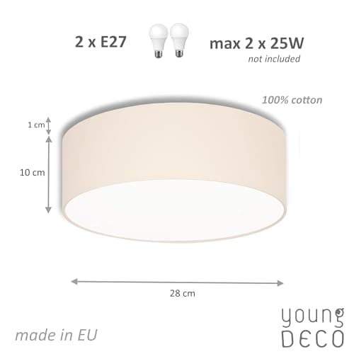 youngDECO® MINI Luminaire Plafonnier Rond Ø28 cm - Luminaires Intérieur Beige - Abat Jour Plafond en Tissu de Coton 2 x E27 - Lustre Salon, Chambre Adulte et Chambre Enfant (Ampoule non incluse)