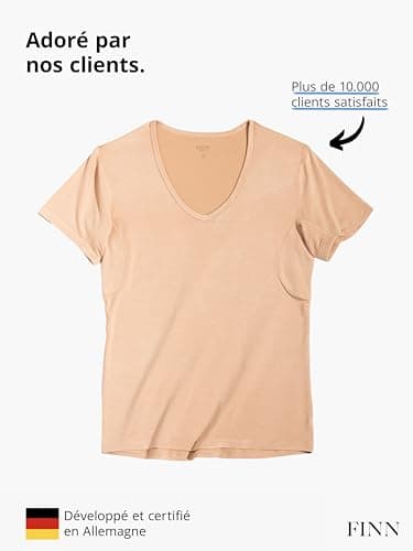 FINN T-shirt anti-transpiration pour hommes avec col en V et patchs intégrés aux aisselles pour la forte transpiration - maillot de corps contre les odeurs et les taches de sueur couleur peau nude XXL