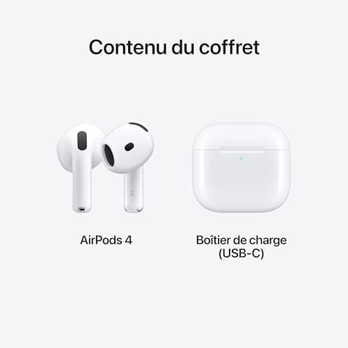 Apple AirPods 4 Écouteurs sans Fil, Casques et écouteurs Bluetooth, Audio Spatial personnalisé, résistance à la Transpiration et l’Eau, boîtier de Charge USB-C, Puce H2, Jusqu’à 24 Heures d’autonomie