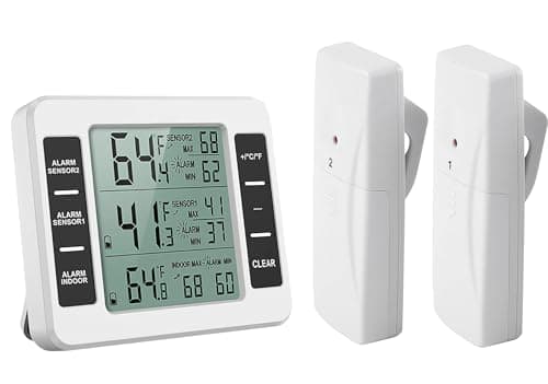 Thermomètre Congélateur sans Fil Thermomètre Numérique de Réfrigérateur avec Alarme Congelateur Thermomètre Frigo Intérieur Extérieur avec 2 Capteurs pour Cuisine et Maison