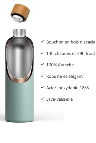 T&N Bouteille Isotherme d’eau 1l en acier inoxydable avec bouchon en bois d'acacia, Gourde Inox 1 Litre, conserve le froid à 29h, la chaleur 14h, étanche pour boissons gazeuses
