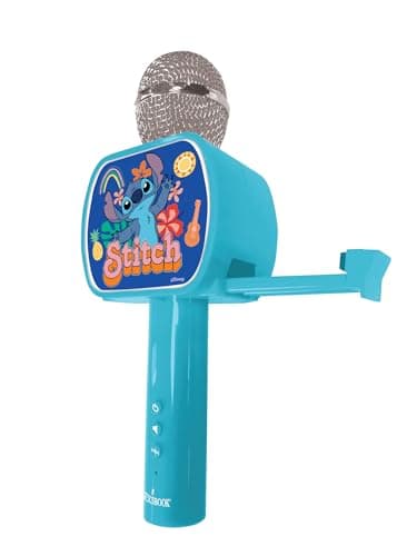 Lexibook- Disney Stitch, Microphone Bluetooth avec Fonction Changement de Voix, Enceinte intégrée, Support de téléphone Inclus, MIC240D, Bleu, Taille Unique