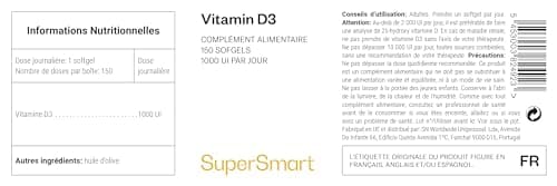 Vitamine D3 - Boost Immunitaire - Aide à Maintenir une Bonne Santé des Os, des Muscles et des Dents - Haute Absorption - Sans OGM - 150 Softgels - Supersmart