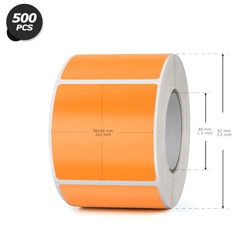 YIKIADA Lot de 500 Étiquettes Thermiques Adhésives 50 X 50 mm Orange Rouleaux Autocollantes Imperméable Amovible Imprimables pour Bureau École QR Inventaire