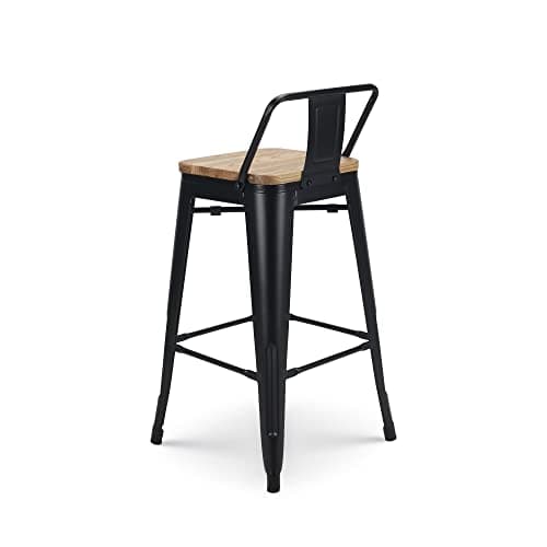 Kosmi - Lot de 4 tabourets de Bar en métal Noir Mat Style Industriel avec Dossier et Assise en Bois Clair - Hauteur 66cm